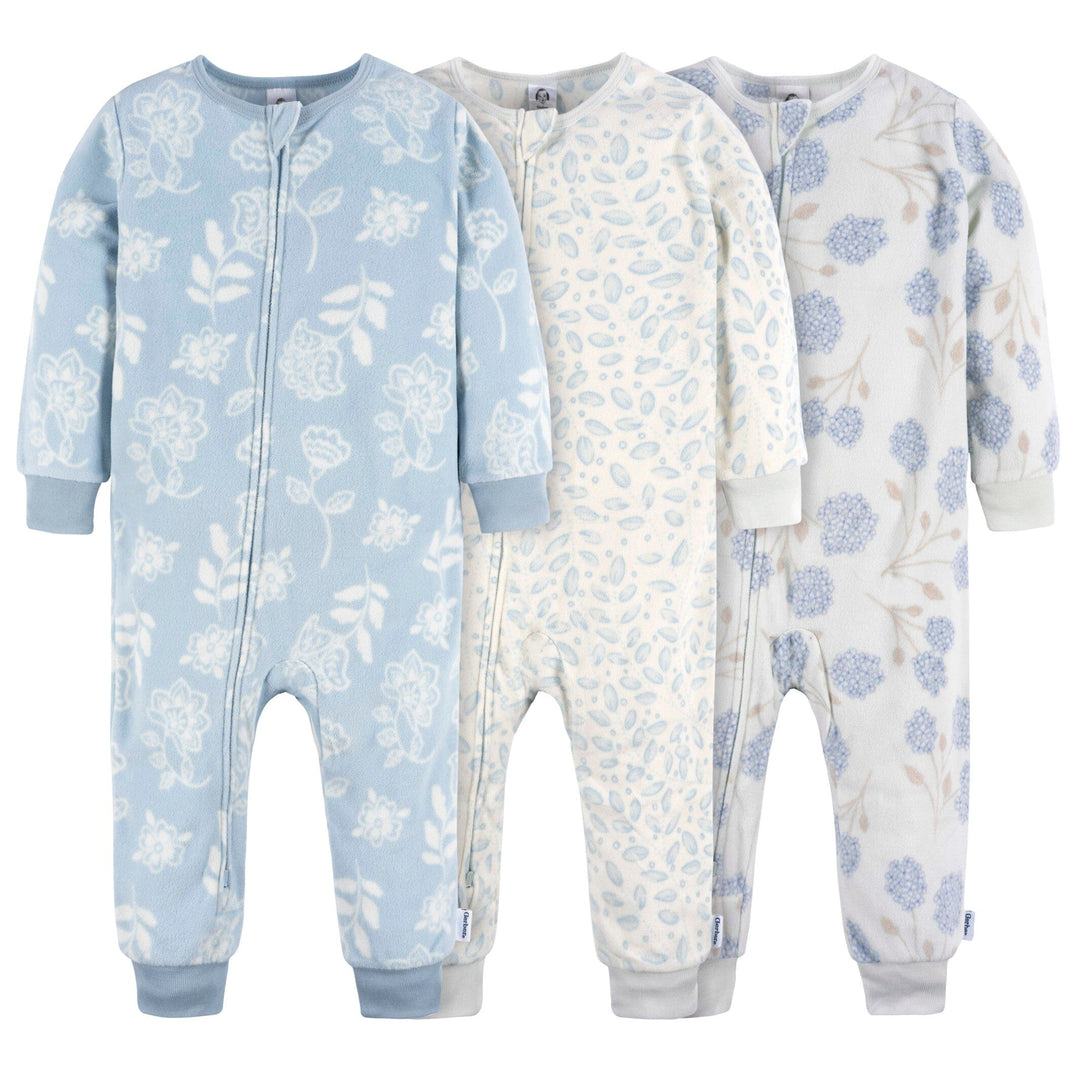 3-Pack Infant Toddler Girls Blue Floral Footless Fleece Pajamas