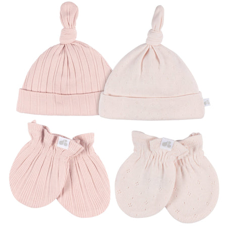 4-Piece Baby Girls Pink Hat and Mitten Set