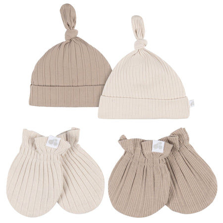 4-Piece Baby Neutral Tan Hat and Mitten Set