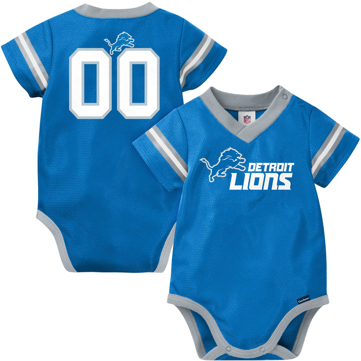 Blue baby onesie with 'Detroit Lions' branding on a white background