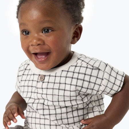 Baby Boys Grey Plaid Henley Drop Shoulder Top