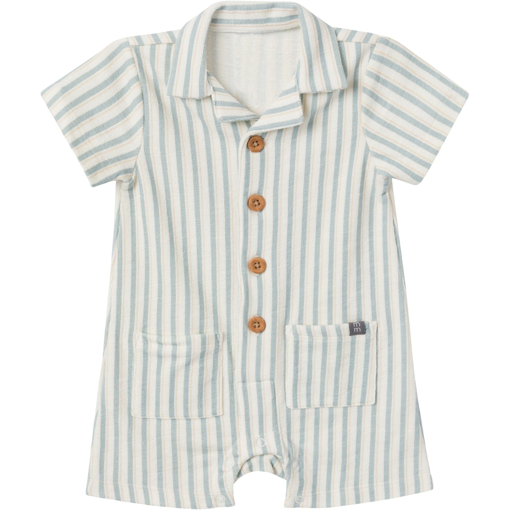 Baby Boys Ivory Teal Stripe Collared Short Sleeve Romper