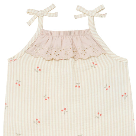 Baby Girls Beige Cherry Stripe Sleeveless Ruffle Romper