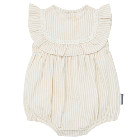Baby Girls Light Taupe Stripe Ruffle Bubble Romper