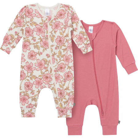2-Pack Baby Girls Pink Flower Zip Front Viscose Rompers
