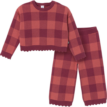 2-Piece Infant & Toddler Girls Dark Rose Large Check Sweater and Pant Set