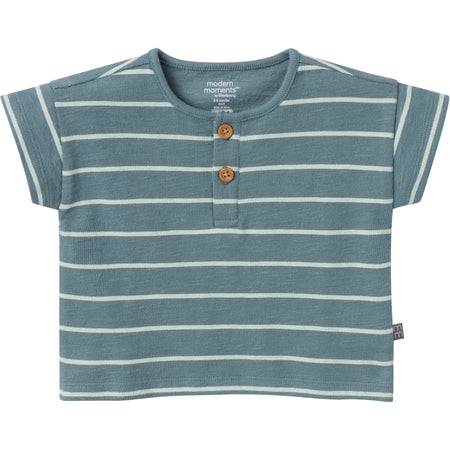 2-Piece Baby Boys Teal Stripe Henley Shirt and Shorts Set