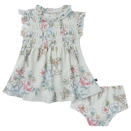 2-Piece Baby Girls Blue Floral Smocked Dress and Diaper Cover