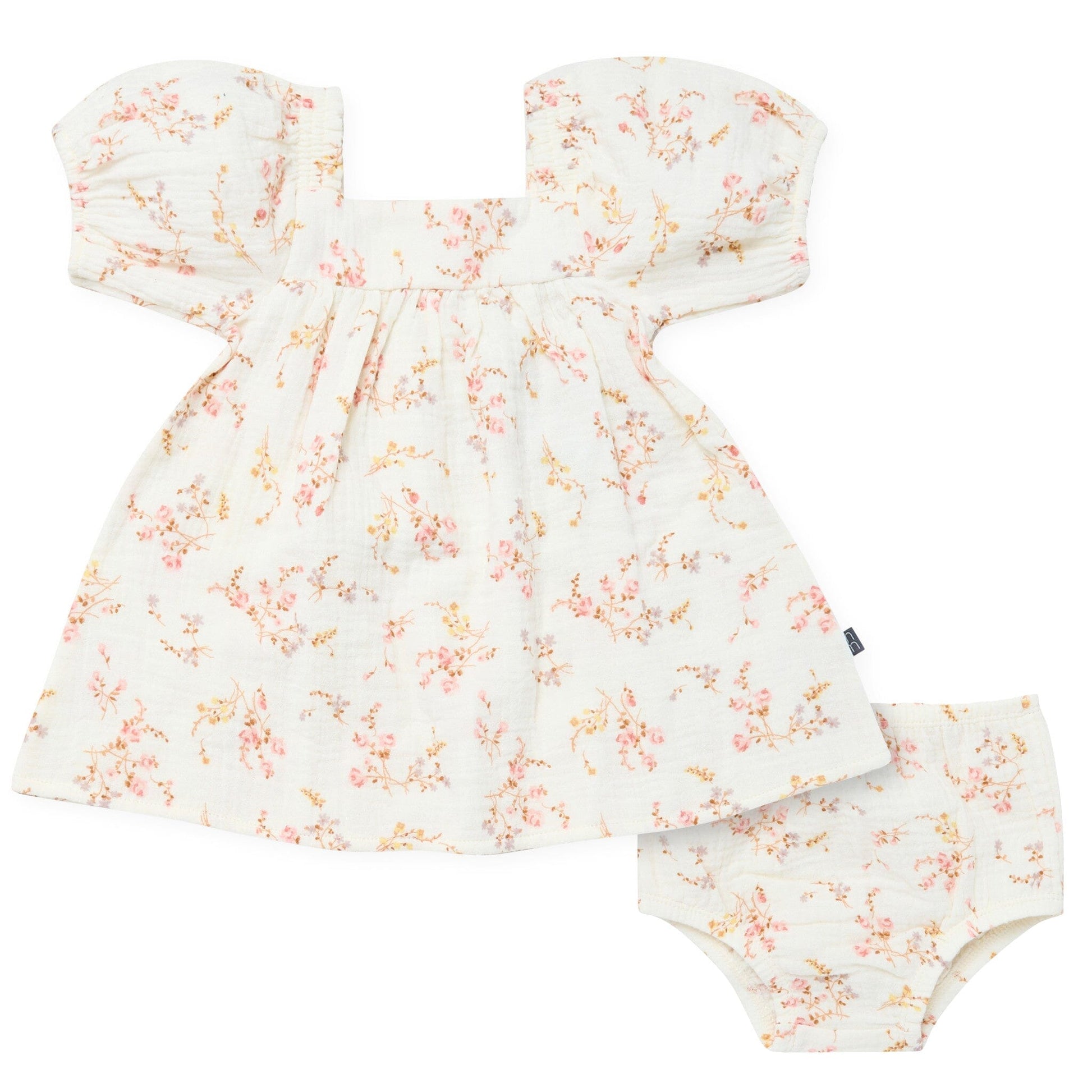 2-Piece Baby Girls Ivory Bunches Floral Puffled Sleeve Dress and Diaper Cover Set