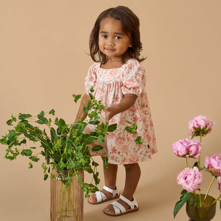 2-Piece Baby Girls Light Rose Watercolor Floral Puffed Sleeve Dress and Diaper Cover