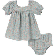 2-Piece Baby Girls Medium Teal Ditsy Puffled Sleeve Dress and Diaper Cover Set