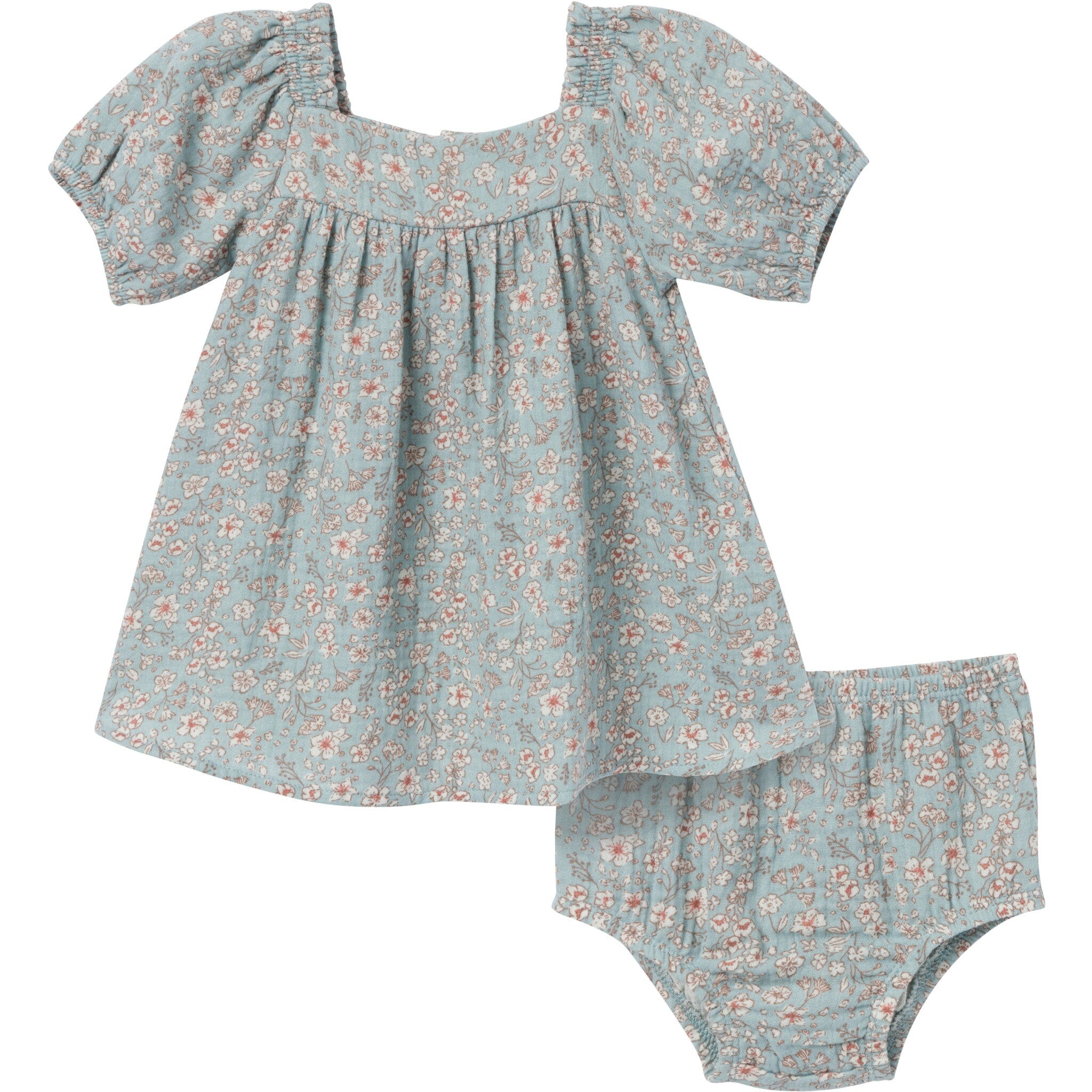 2-Piece Baby Girls Medium Teal Ditsy Puffled Sleeve Dress and Diaper Cover Set