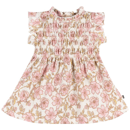 2-Piece Baby Girls Pink Floral Smocked Dress and Diaper Cover