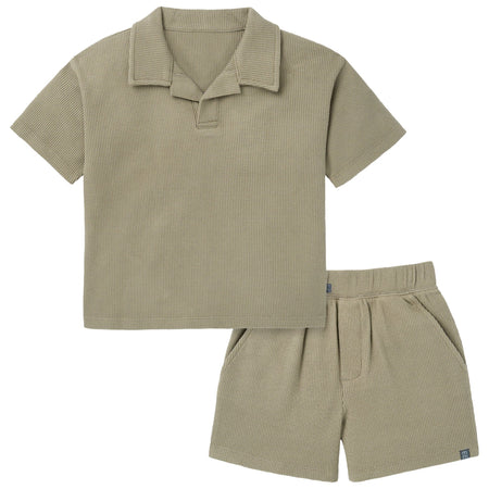 2-Piece Boys Muted Olive Johnny Collar Shirt and Shorts Set