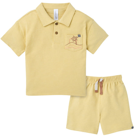 2-Piece Boys Yellow Palm Tree Polo Shirt and Shorts Set