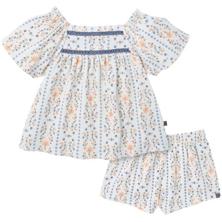 2-Piece Girls Floral Stripe Top and Shorts Set