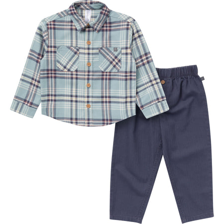 2-Piece Boys Blue Plaid Shirt and Pant Set