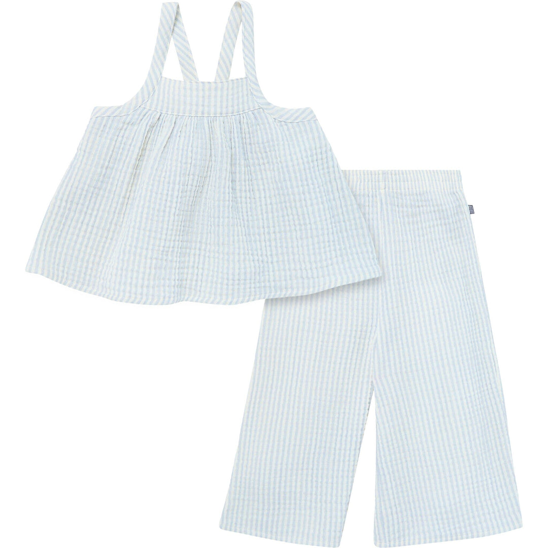 2-Piece Infant Toddler Girls Light Blue Stripe Cropped Pants Set