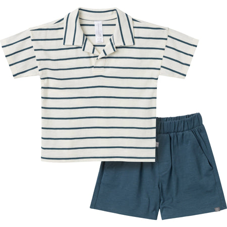 2-Piece Toddler Boys Ivory Stripe Johnny Collar Shirt and Shorts Set