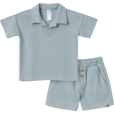 2-Piece Toddler Boys Teal Johnny Collar Shirt and Shorts Set