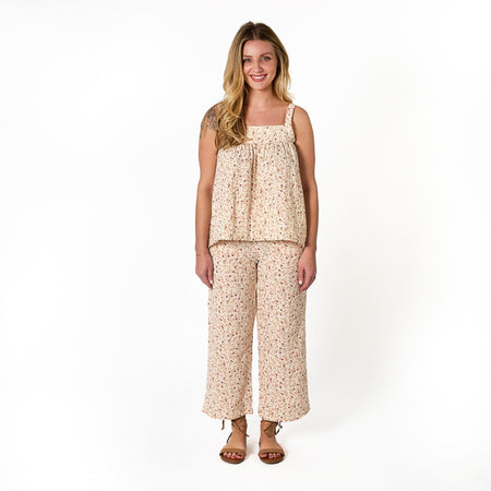 2-Piece Womens Beige Vine Floral Cropped Pants Set