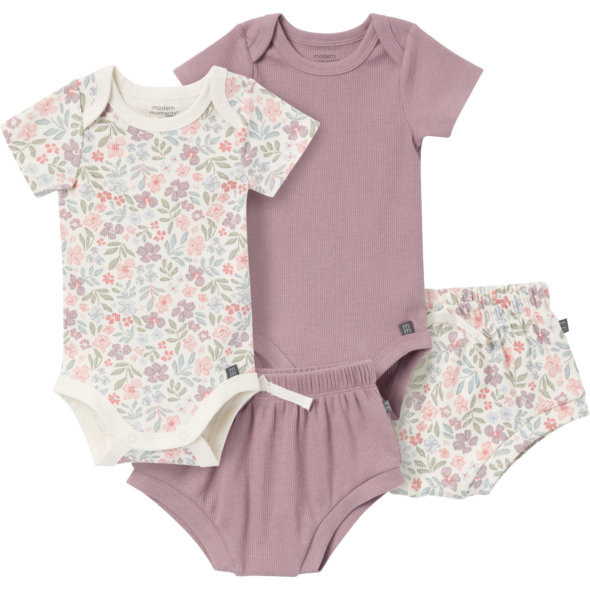 4-Pack Baby Girls Ivory Garden/Medium Lilac Short Sleeve Bodysuit and Shorts Set