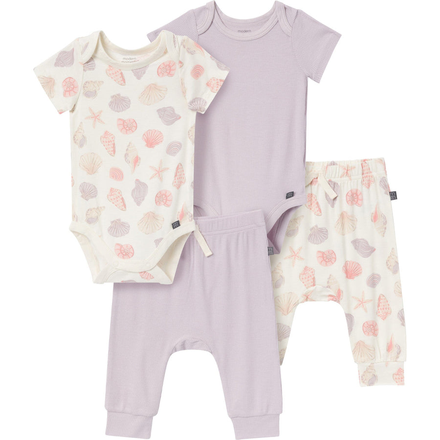 4-Piece Baby Girls Ivory Seashells Viscose Bodysuits and Pants Set