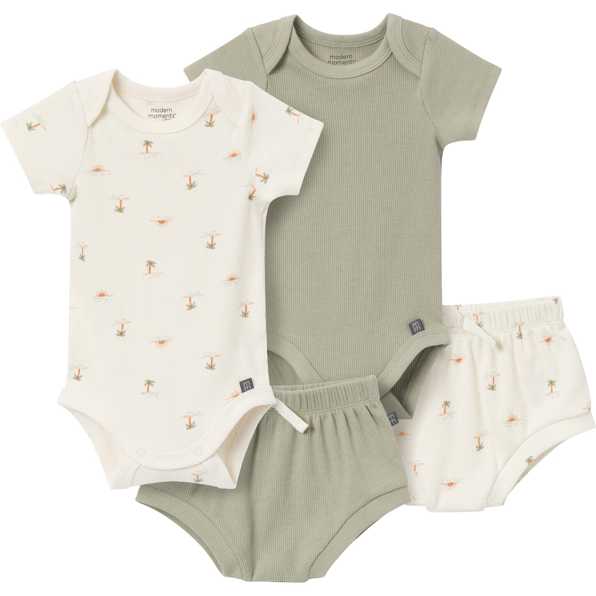 4-Pack Baby Neutral Ivory Mini Island/Medium Green Short Sleeve Bodysuit and Shorts Set