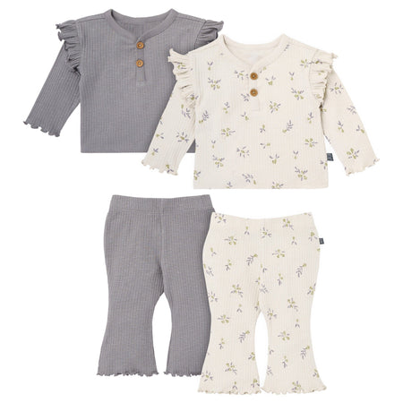 4-Piece Baby Girls Pear Henley Ruffle Tops and Pants Set