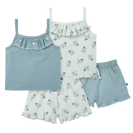 4-Piece Girls Blue Floral Tank Tops & Shorts Set