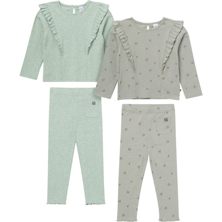 4-Piece Girls Green Floral Ruffle Tops and Leggings Set