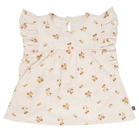 4-Piece Infant & Toddler Girls Beige Flowers Flutter Sleeve Tops and Shorts Set
