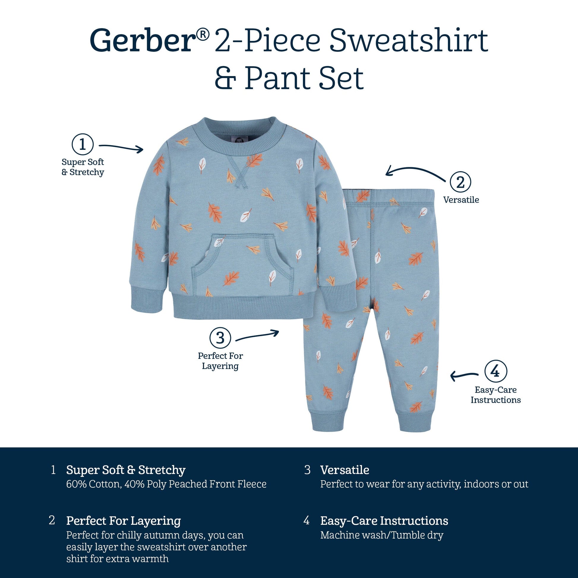2-Piece Baby & Toddler Boys Blue Leaves Sweatshirt & Active Pant Set