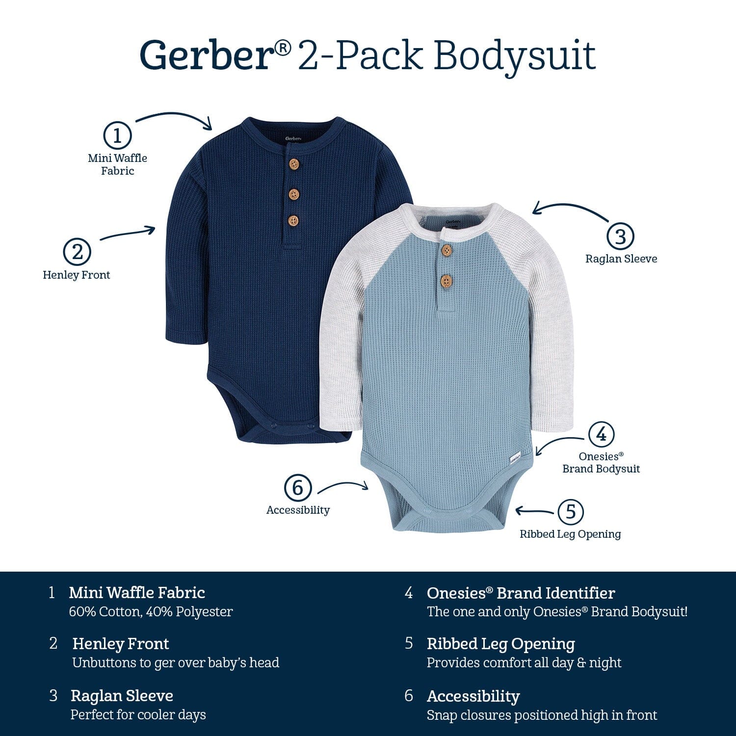 2-Pack Baby Boys Navy & Light Blue Long Sleeve Henley Onesies® Bodysuits