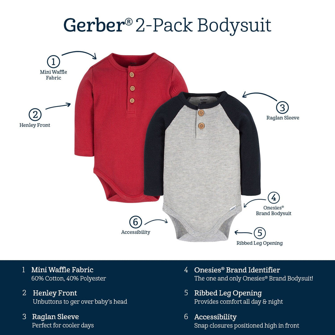 2-Pack Baby Boys Red & Heather Gray Long Sleeve Henley Onesies® Bodysuits