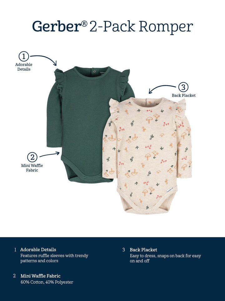 2-Pack Baby Girls Mushrooms Long Sleeve Onesies® Bodysuits