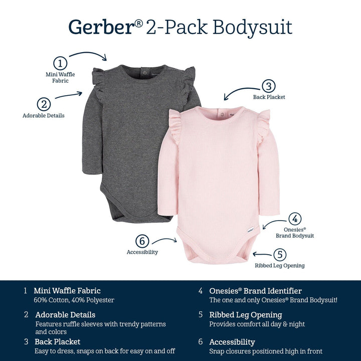 2-Pack Baby Girls Pink & Gray Long Sleeve Onesies® Bodysuits