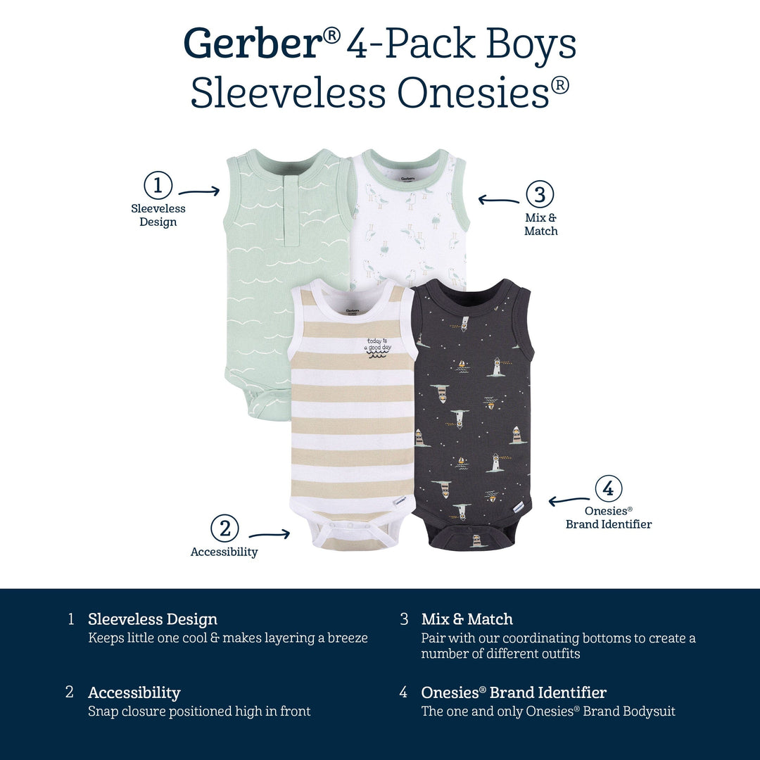4-Pack Baby Boys Coastal Sleeveless Onesies® Bodysuits