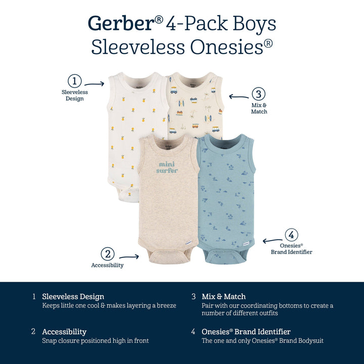 4-Pack Baby Boys Surfer Sleeveless Onesies® Bodysuits