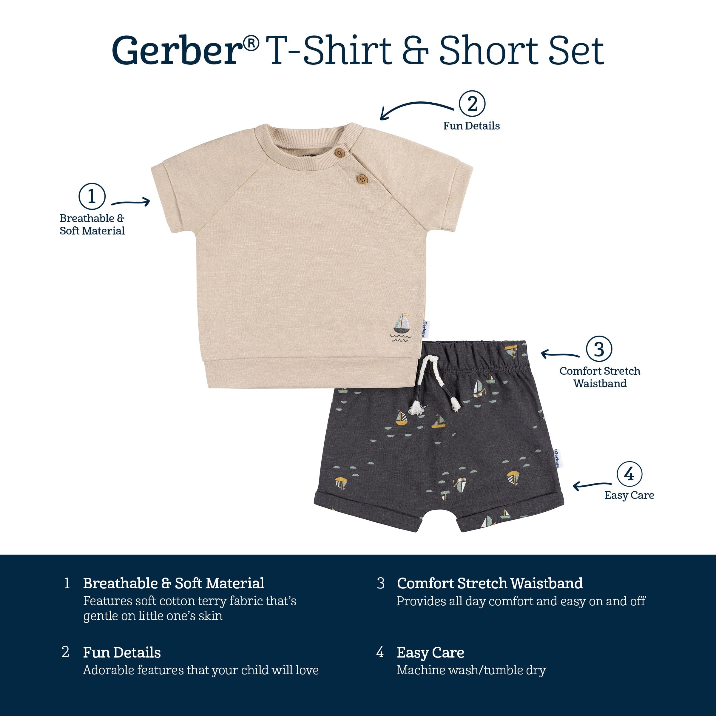 2-Piece Baby Boys Sailboats T-Shirt and Shorts