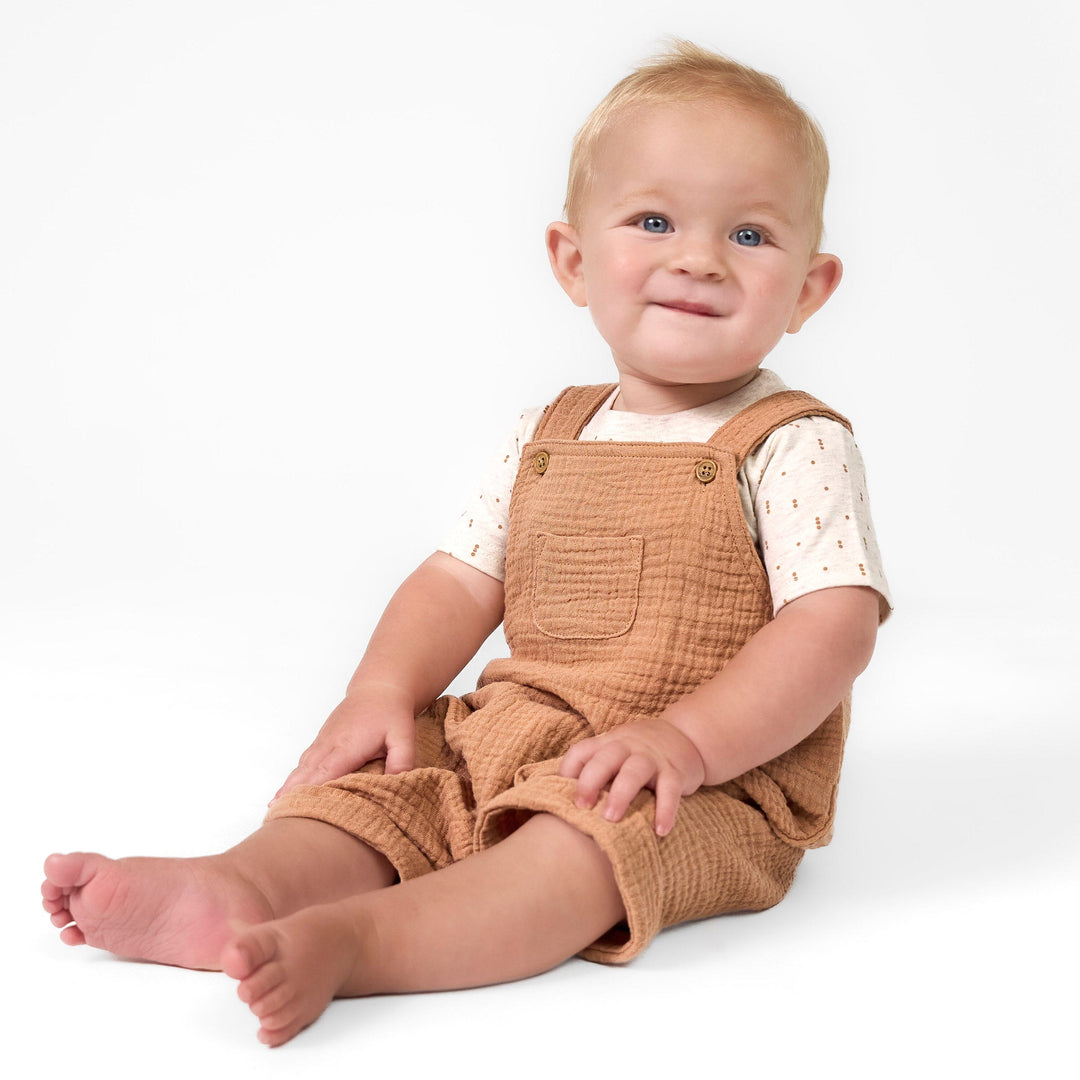 2-Piece Baby Neutral Dots Cotton Gauze Overall Romper and T-Shirt