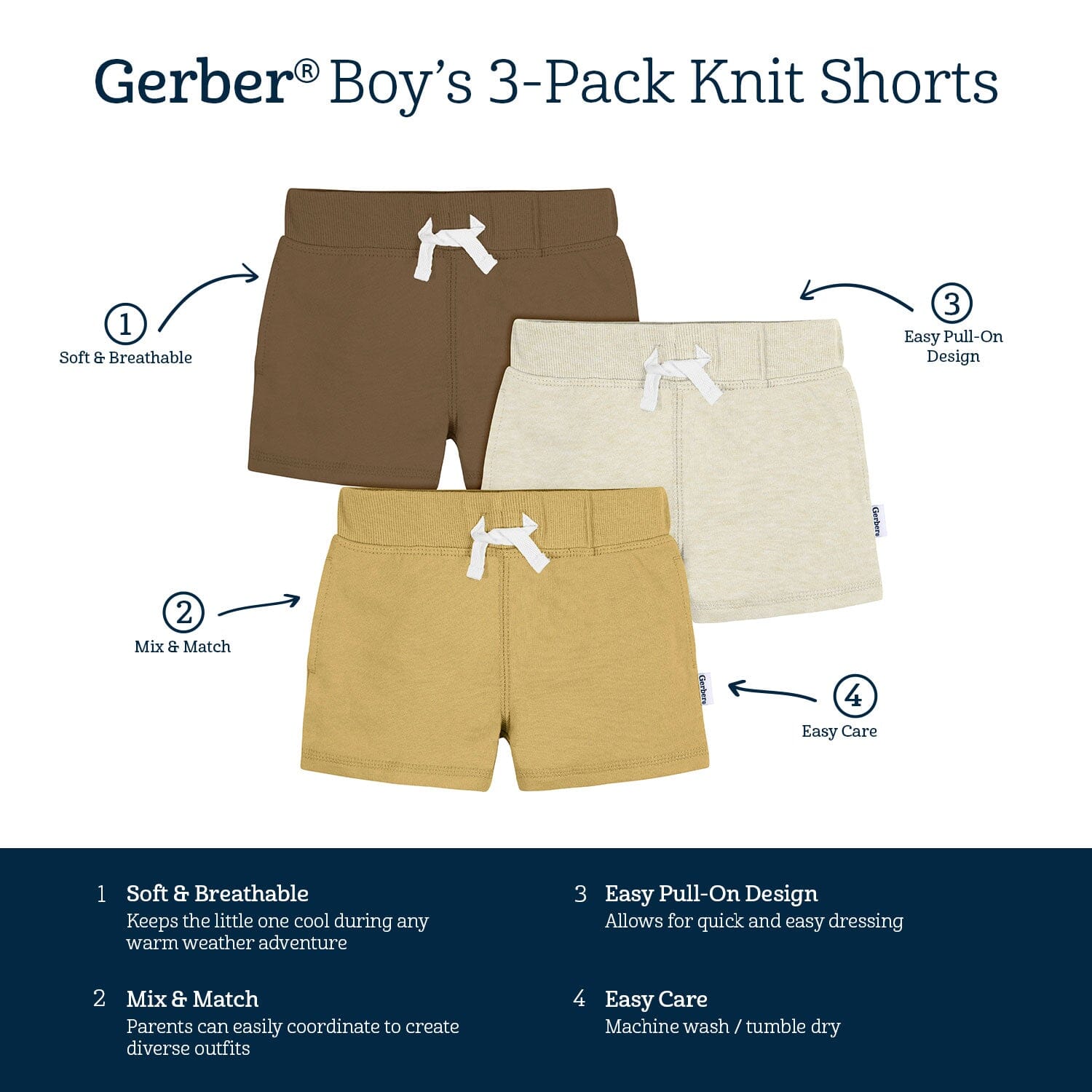 3-Pack Baby & Toddler Boys Neutrals Knit Short