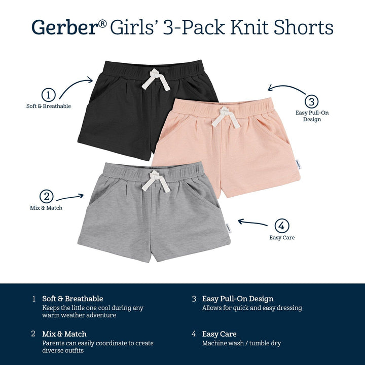 3-Pack Baby & Toddler Girls Grey/Pink/Black Knit Short