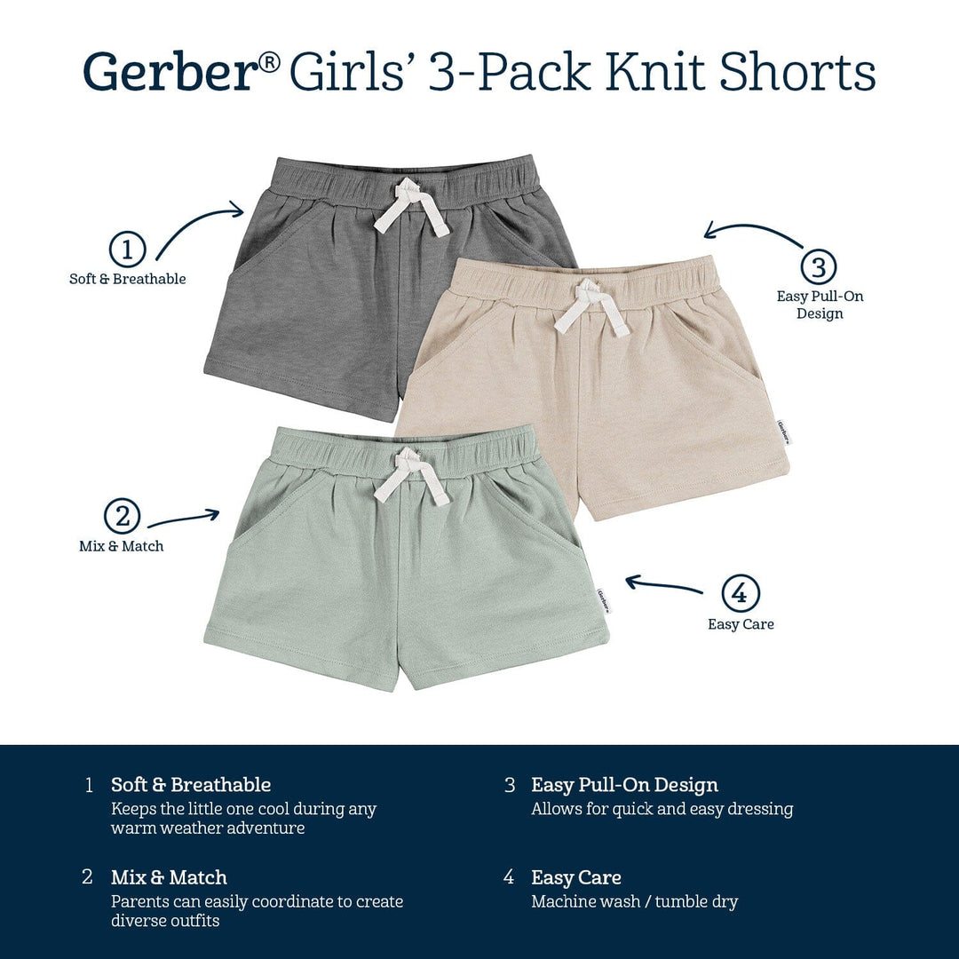 3-Pack Baby & Toddler Girls Green/Oatmeal/Dk Grey Heather Knit Short