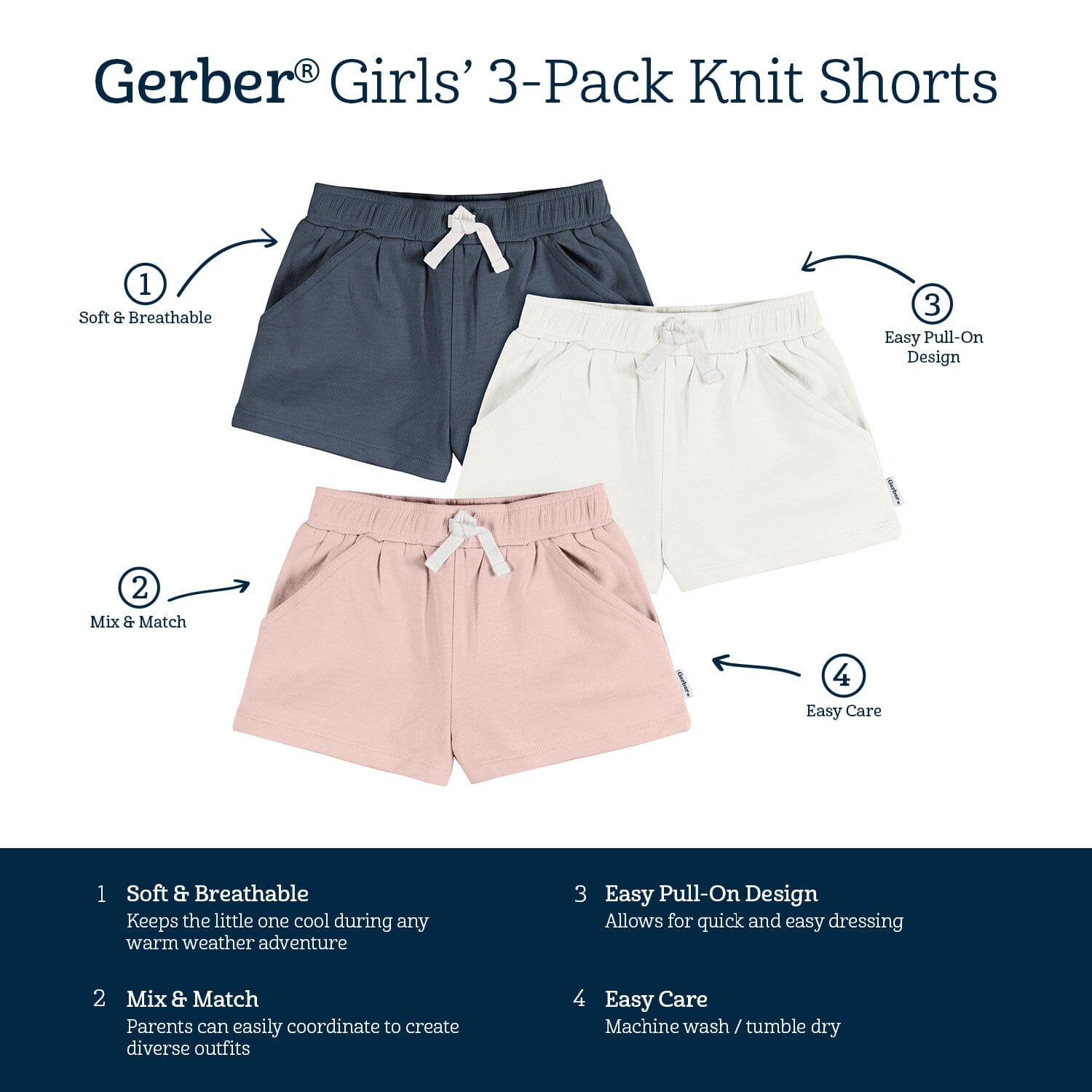 Gerber Baby Girls 3-Pack Pull-On Knit Shorts - Toddler Comfort Shorts Set