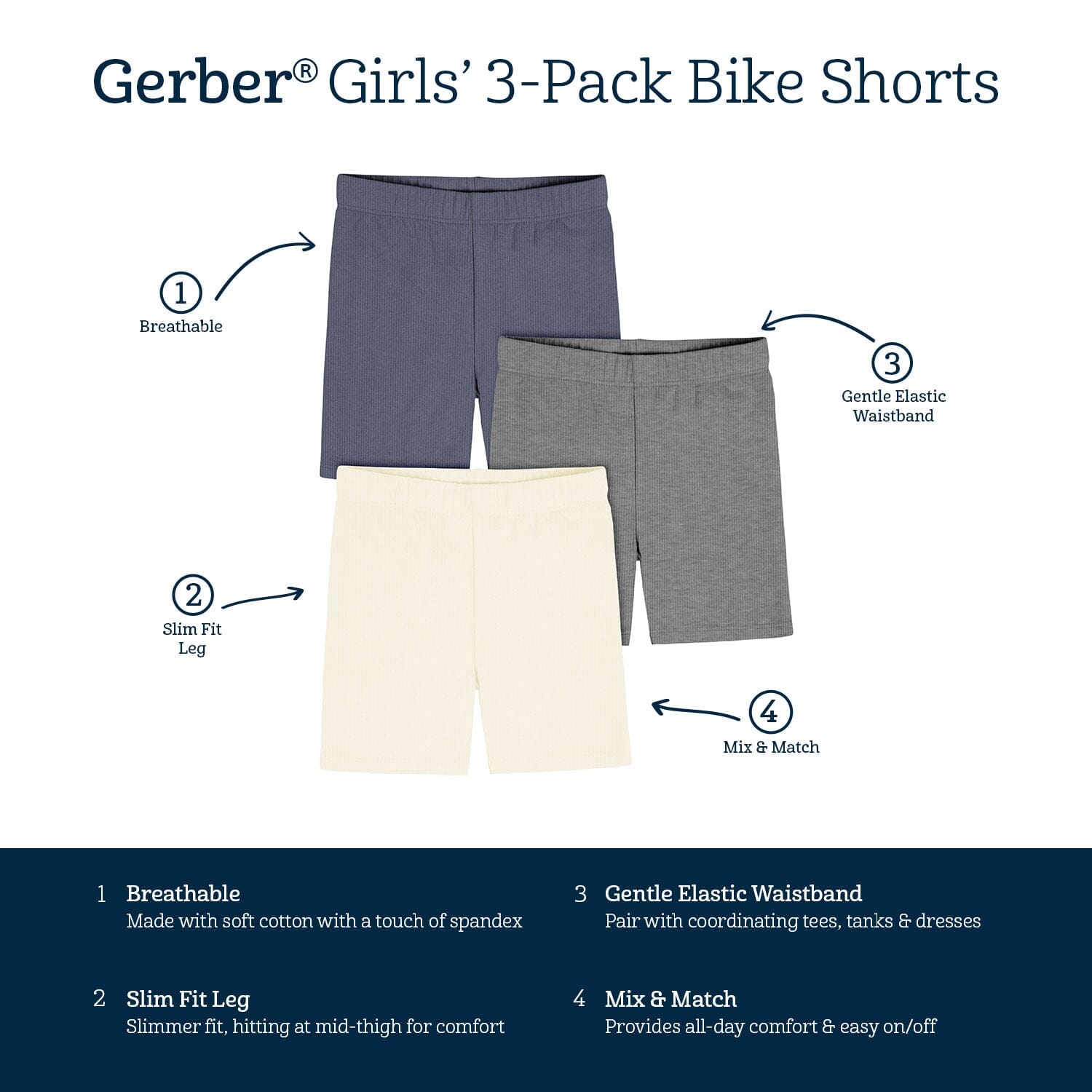 3-Pack Toddler Girls White/Dk Gry Heather/Navy Bike Short