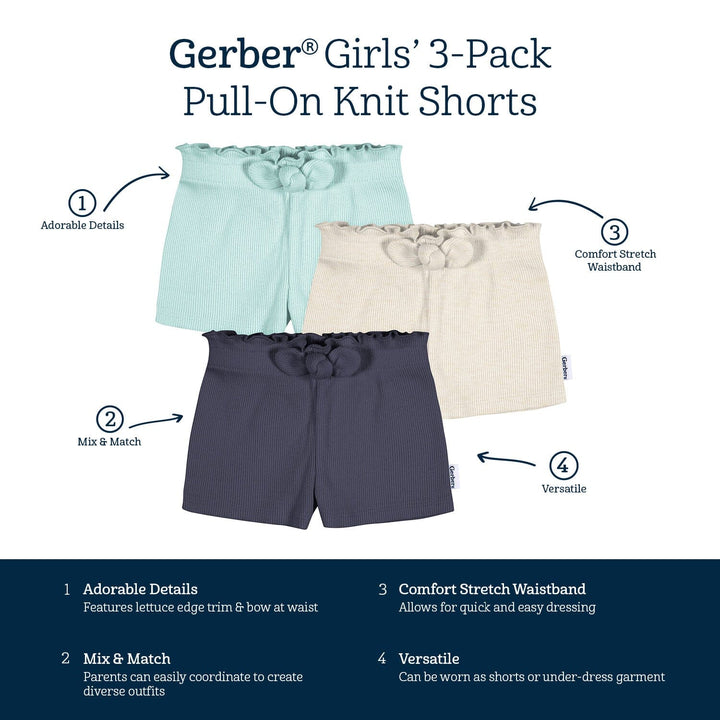 3-Pack Baby & Toddler Girls Navy/Oatmeal/Aqua Pull-On Knit Short