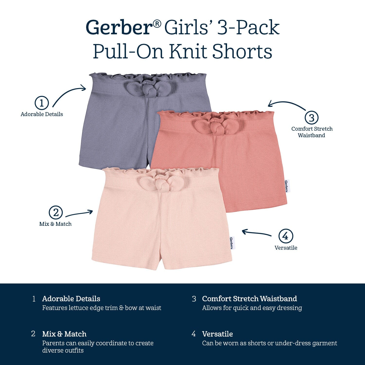 3-Pack Baby & Toddler Girls Pink/Blue Pull-On Knit Short
