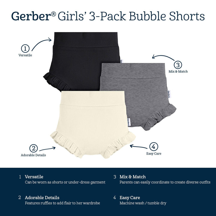 3-Pack Baby Girls White/Grey Heather/Black Bubble Short