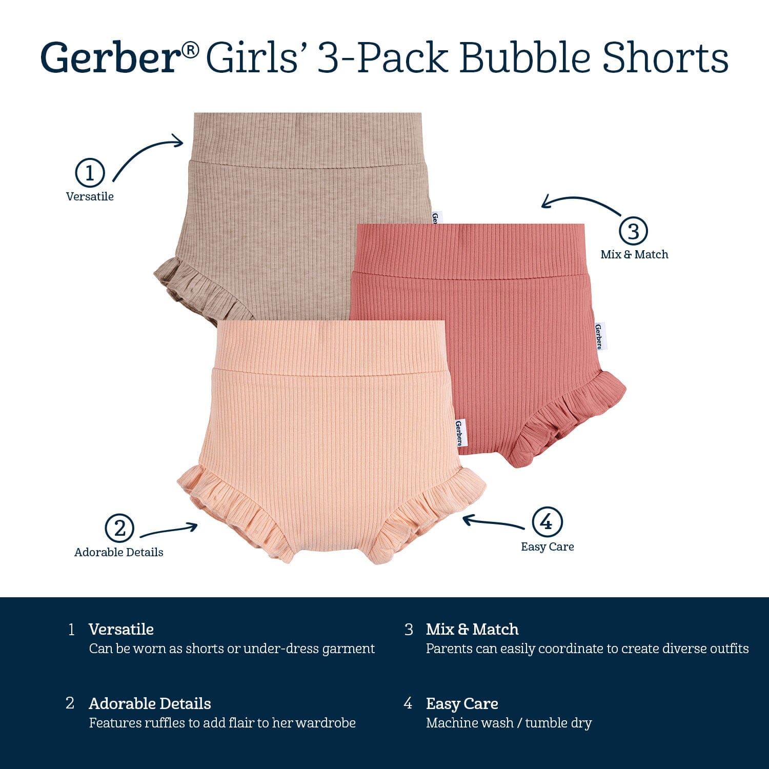 3-Pack Baby Girls Pinks/Oatmeal Bubble Short
